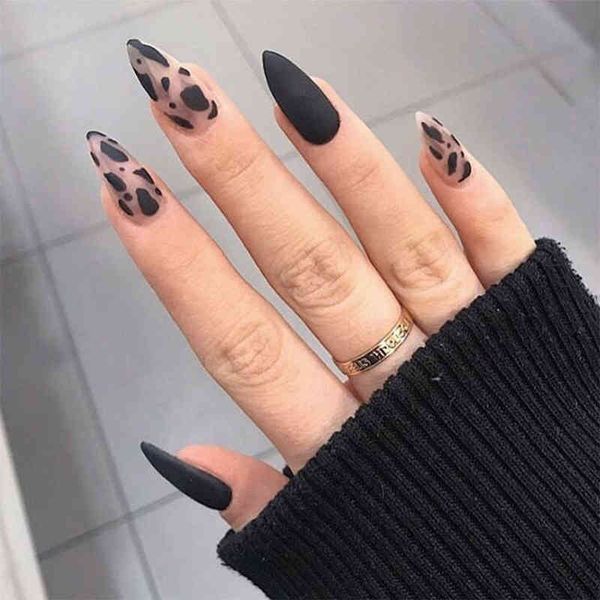 

false nails 24pcs stiletto press on matte black color leopard wear finished product wearable full cover acrylic products 0616, Red;gold