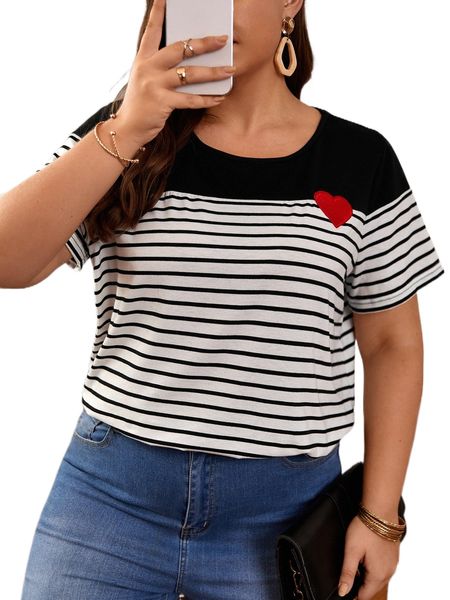 

plus heart patched striped tee q2bi#, Black