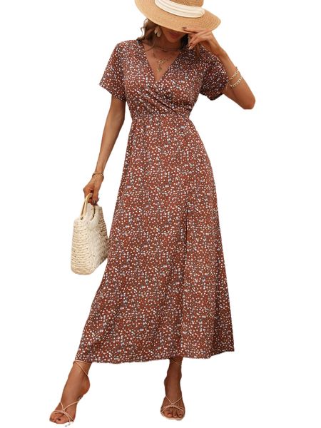 

ditsy floral surplice neck split thigh dress 41iz#, Black;gray