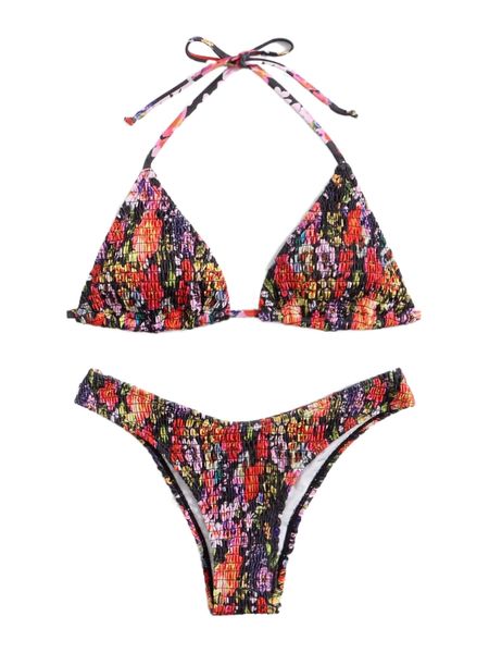 

floral print smocked halter triangle bikini swimsuit f0q8#, White;black
