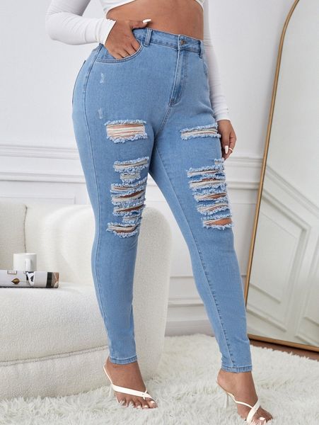 

plus high waist ripped cat scratch skinny jeans y5lr#, Blue