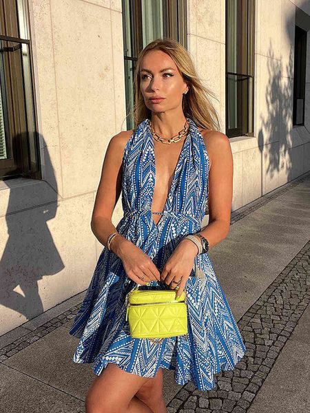 

backless mini dress women 2022 summer halter sleeveless a-line party club ladies dress vestido female floral beach sundress t220816, Black;gray