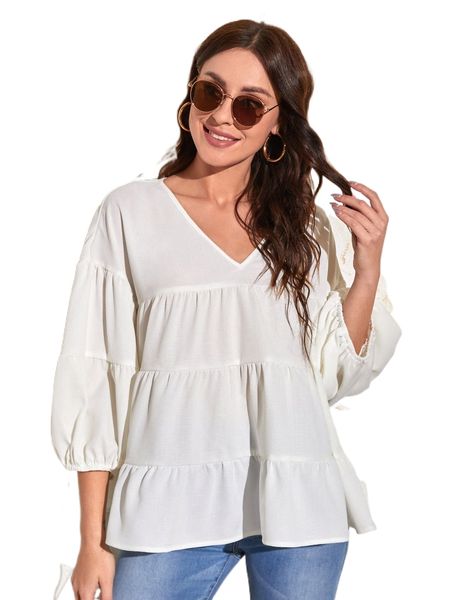 

lantern sleeve ruffle hem 77e3#, White