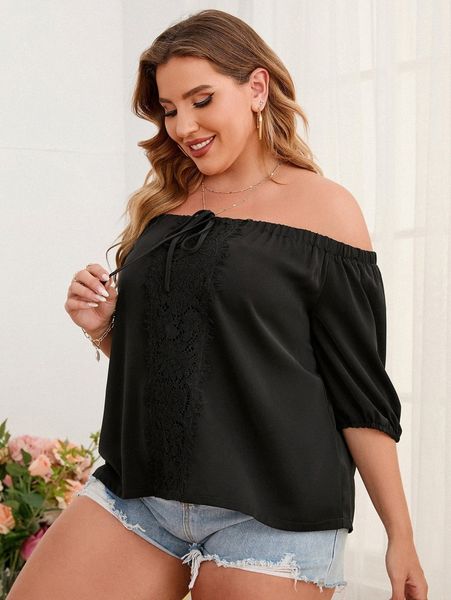 

plus off shoulder eyelash lace insert knot front blouse t6ul#, Black