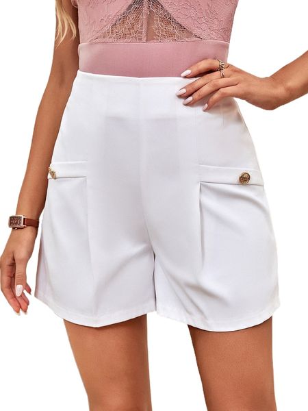 

solid fake button front shorts p8fm#, White;black