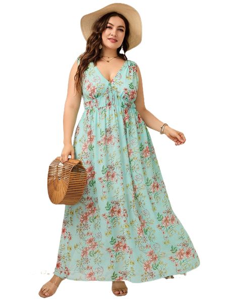 

plus allover floral print tie back dress 38mf#, Black