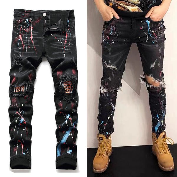 

black painted jeans men's distressed slim fit denim 5 pockets, Blue