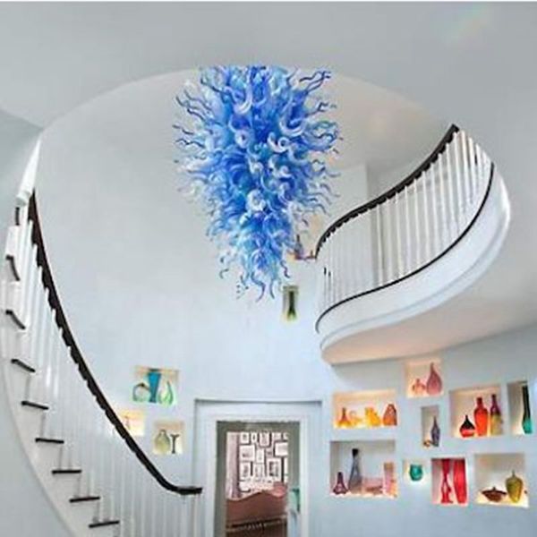 Nordische blau-weiße Art-Deco-Hängelampe, Villa, Hotel, Treppe, hohe Decke, Innenbeleuchtung, mundgeblasener Kronleuchter aus Muranoglas, LED, 28 x 52 Zoll