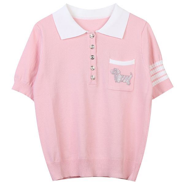 

302 2022 milan runway spring summer brand same style t shirt short sleeve women's t-shirt white pink lapel neck pullover womens mingmei