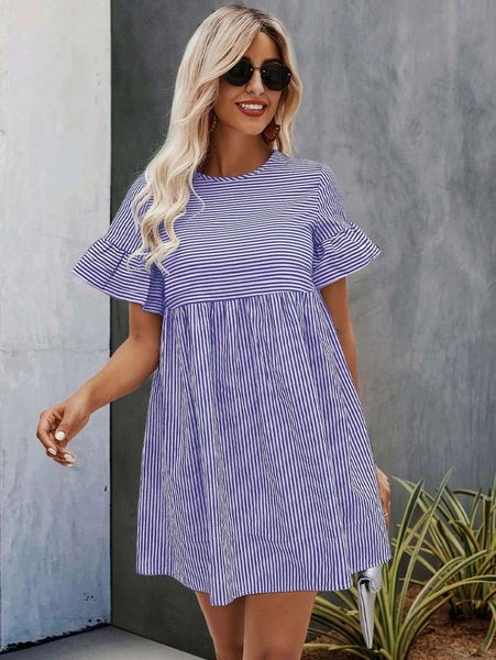 

striped print flounce sleeve smock dress p78x#, Black;gray