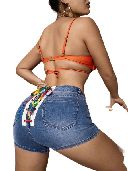 

sxy rainbow striped lace up back denim shorts 59sj#, White;black