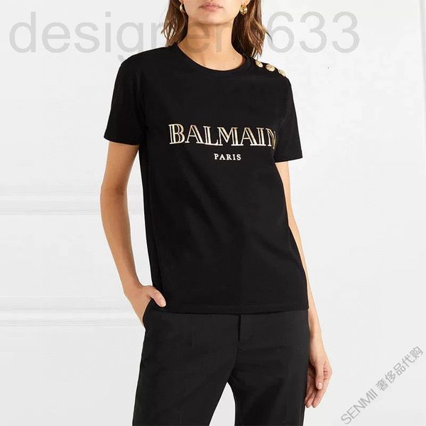 

women's t-shirt designer summer barman shoulder gold button short sleeve cotton round neck letter star same half 9vuu, White