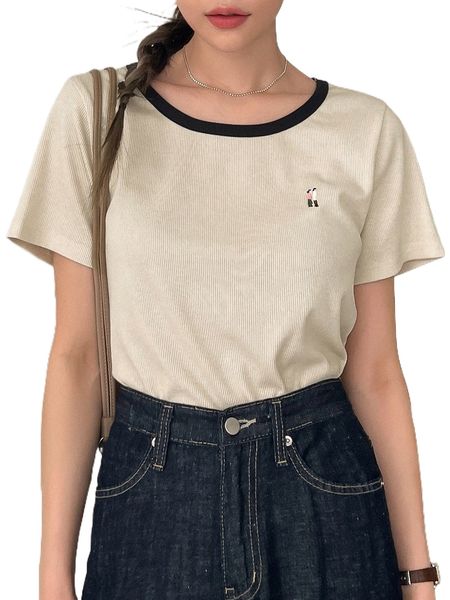 

dazy fringe embroidery contrast binding tee e68v#, White