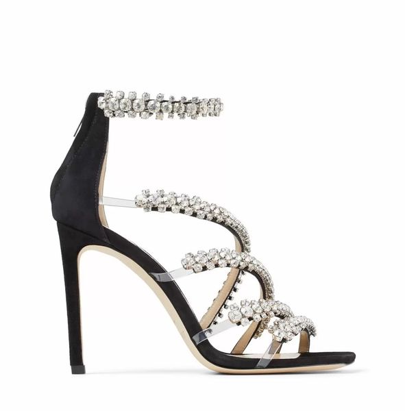 

summer josefine crystal strap sandal pvc suede leather women sandalias mujer lady high heels dress party wedding walking shoes, Black