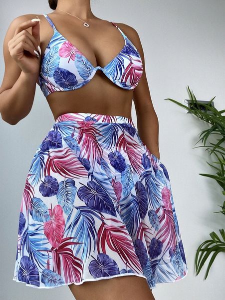 

tropical print push up bikini swimsuit with beach skirt o8wj#, White;black