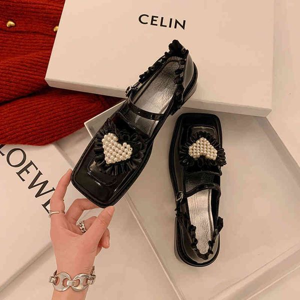 

boots square head thick soled mary jane shoes women's spring love pearl heel jk small leather ygjf, Black