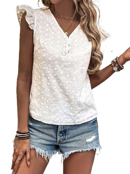 

eyelet embroidery button front blouse a58k#, White