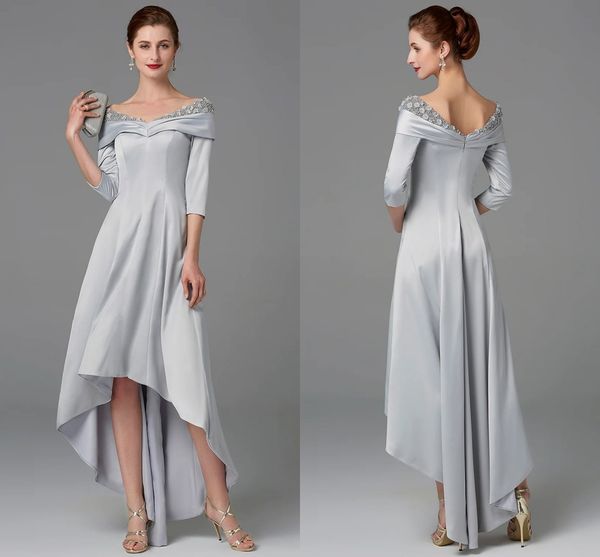 

silver high low evening dress 2022 elegant off shoulder pearls asymmetrical satin half-sleeve prom party gown robe de soiree vestido de fest, Black;red