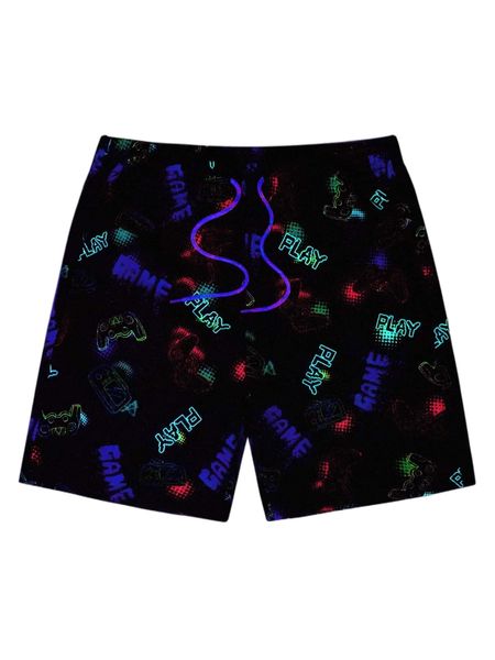 

men reflective gamepad & letter graphic drawstring waist shorts h7mc#, White;black