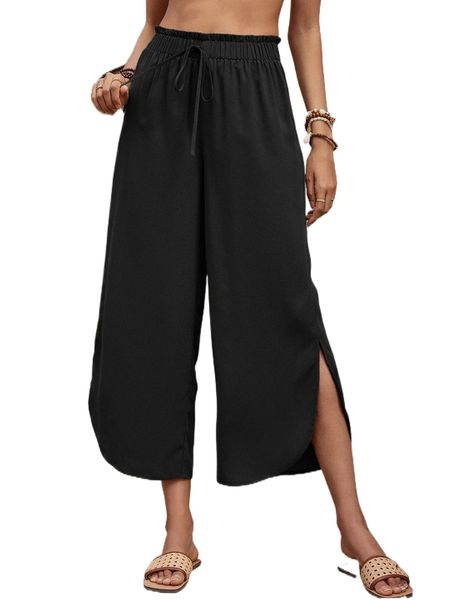 

paperbag waist knot waist split hem pants n8iu#, Black;white