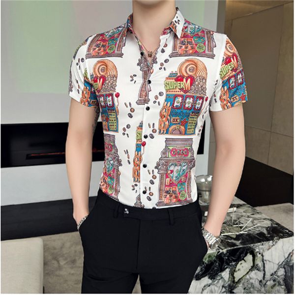 

ruffian handsome retro printed shirt men's summer all-match casual fashion trend korean version personality short-sleeved shirt, White;black
