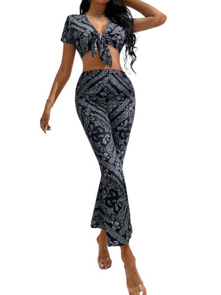 

sxy paisley scarf print knot front crop & flare leg pants u5h0#, White