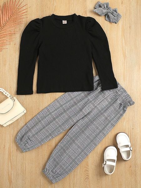

toddler girls puff sleeve tee & plaid pants & headband she01, White