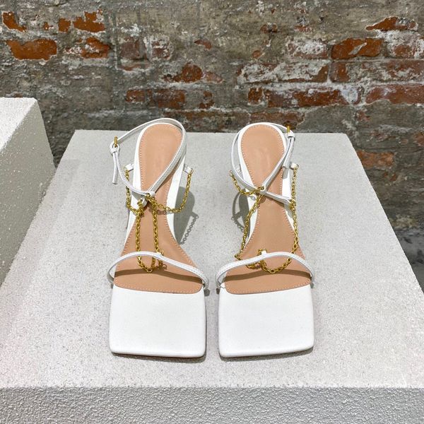 Designer-Sexy Lady Moda Mulheres Sandálias Branco Matt Cadeia De Couro Estampado Square Toe High Saltos Party Sapatos