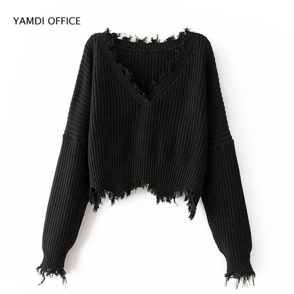 

yamdi women tassel sweater autumn winter solid orange white black sweaters cropped jumpers v neck knitted pullover 201221