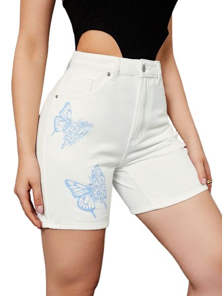 

butterfly and floral print ripped high waisted shorts c3ac#, White;black