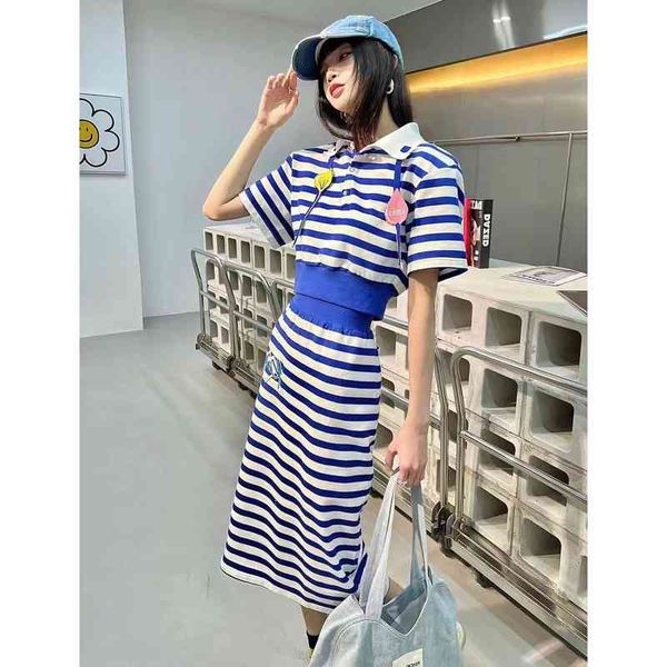 

women's tracksuits ss navy neckline stripe short sleeve suit creative flower waistband jacket letter embroidered back slit skirt 1jlg h, Gray