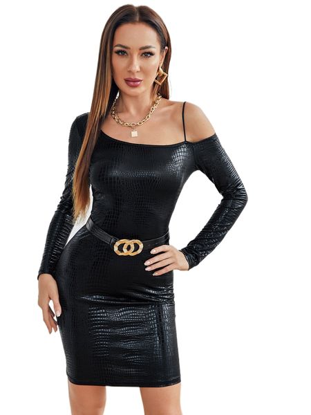 

asymmetrical neck crocodile embossed dress without belt v1fc#, Black;gray