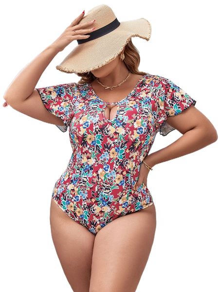 

plus floral print keyhole neck butterfly sleeve bodysuit t67u#, Black