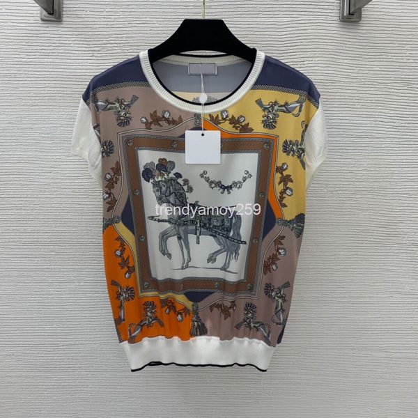 

women's t-shirt summer color contrast galloping horse print pattern elastic satin silk fabric splicing knitted short sleeve t-shirt, White