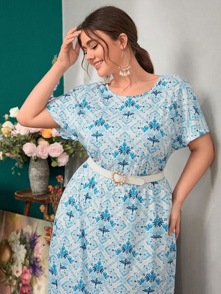 

plus allover print dress without belt r2aw#, Black