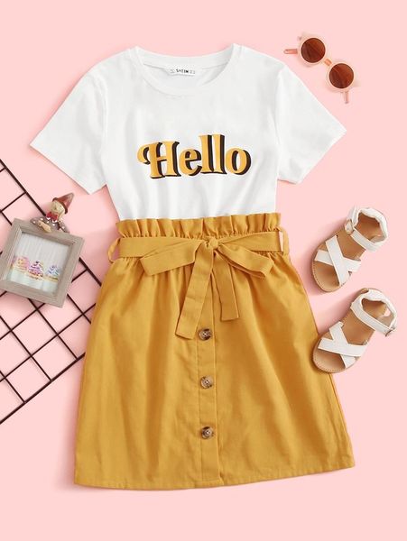 

girls letter graphic tee & paperbag waist belted button up skirt set she, White