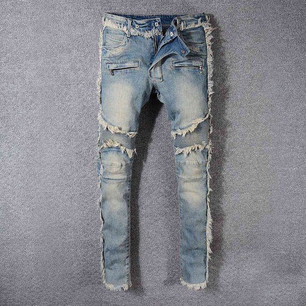 

fashion personalized slim stitching jeans balman rough edge light color washed motorcycle style high street men designer jeans, Blue