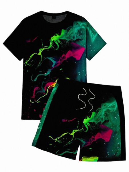 

men reflective graphic print tee & drawstring waist shorts 92s4#, Gray