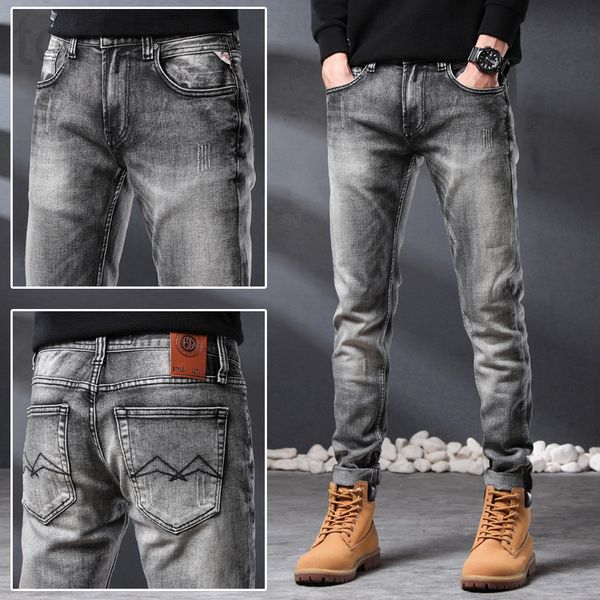 

men's jeans designer handsome jeans men's personality 2022 spring and summer new slim fit small feet elastic straight long pants c, Blue