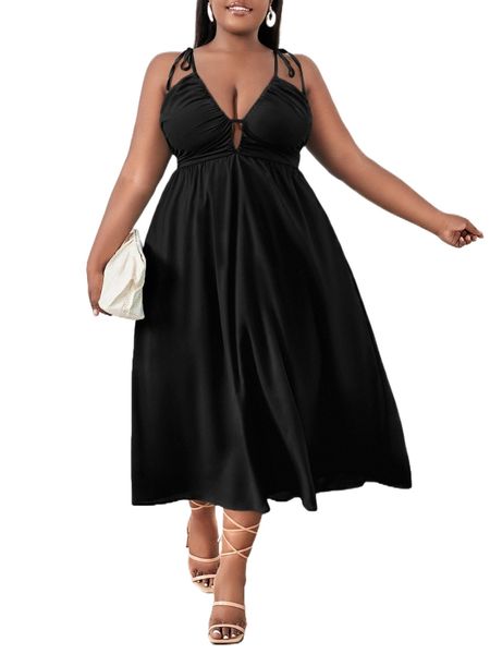 

plus cut out crisscross tie back cami dress 27en#, Black
