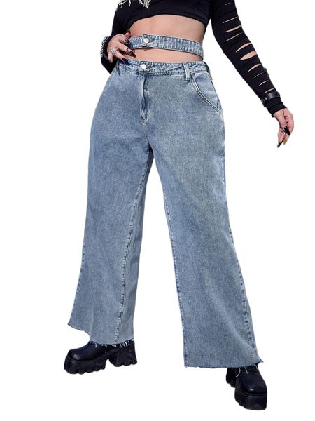 

plus cut out waist wide leg jeans n9w9#, Blue