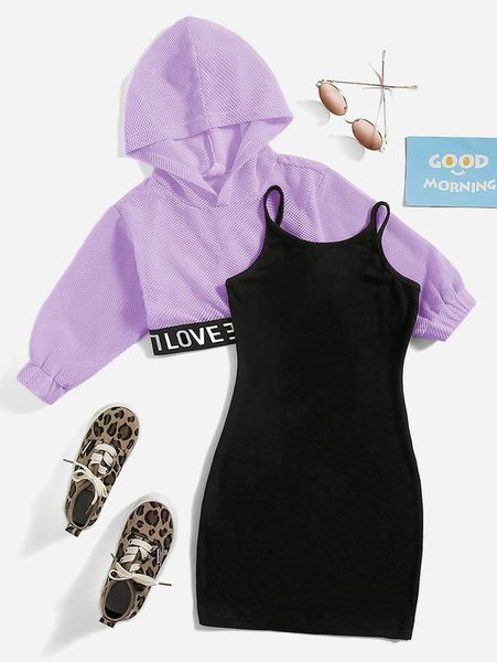 

little girl stitched letter webbing fishing net hoodie and suspender dress she, White