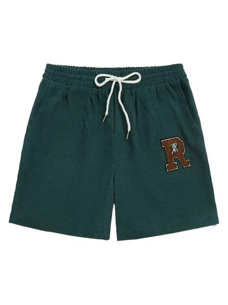 

romwe guys letter patched corduroy drawstring shorts v3js#, White;black