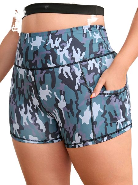 

plus camo print wide waistband sports shorts with phone pocket l922#, Black