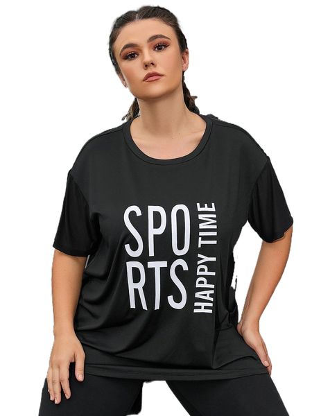 

plus letter graphic drop shoulder sports tee 21hf#, Black