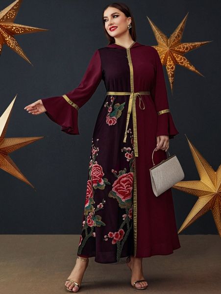 

plus floral print flounce sleeve hooded belted dress f8qp#, Black