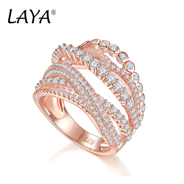 

laya 925 sterling silver cluster ring for women multi-line aaaaa zircon ol style wedding fashion luxury jewelry gift, Golden;silver