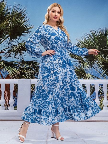 

plus allover print lantern sleeve ruffle hem dress m2mn#, Black