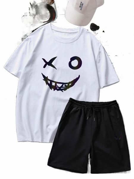 

romwe guys reflective cartoon graphic tee & shorts o6ph#, Gray