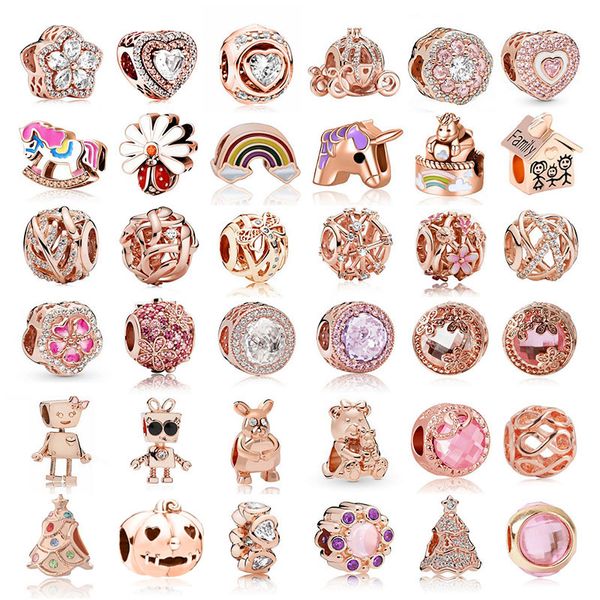 

new popular 925 sterling silver rose gold ladybug rainbow unicorn robot big hole beads for original pandora charm bracelet diy womens fashio, Bronze;silver